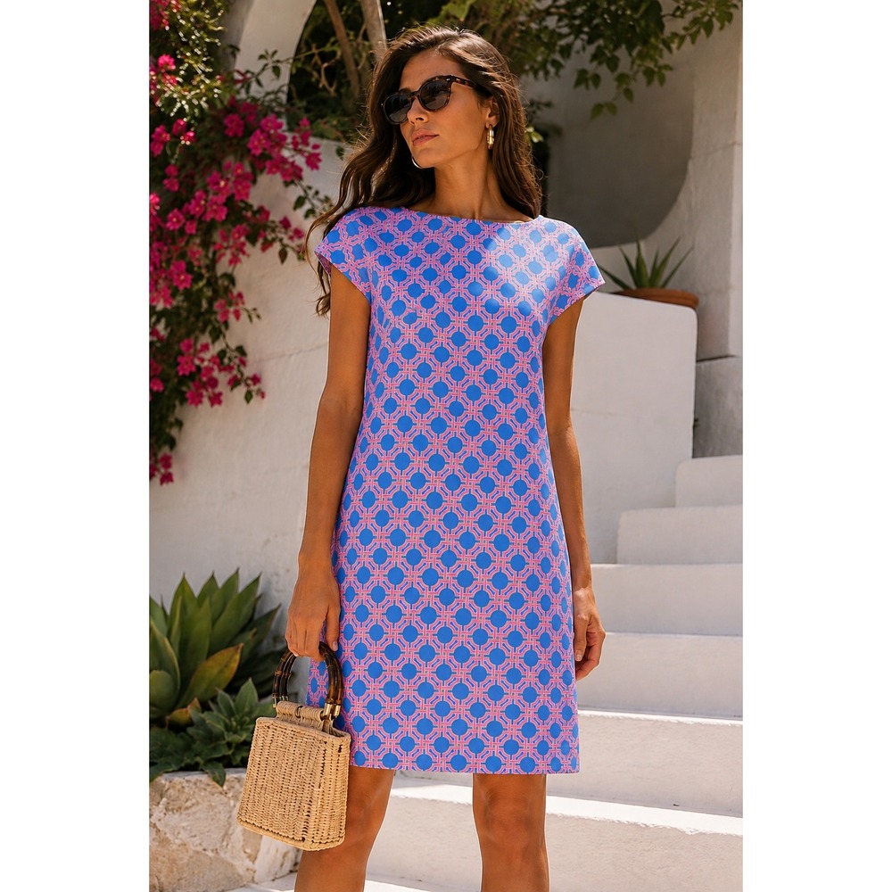 Julie Brown NYC Designer Sheath Mini Dress Pink Blue Geomtric (MSRP: $218) M